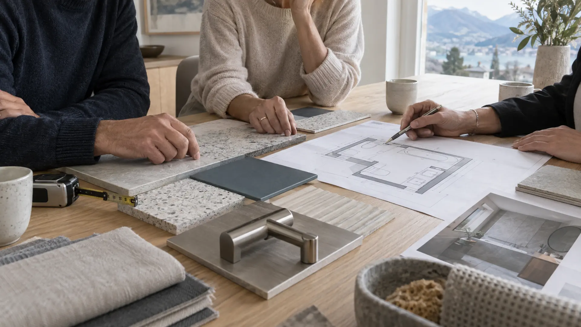 Planung eines Badumbaus mit Grundriss und Materialmustern in der Schweiz