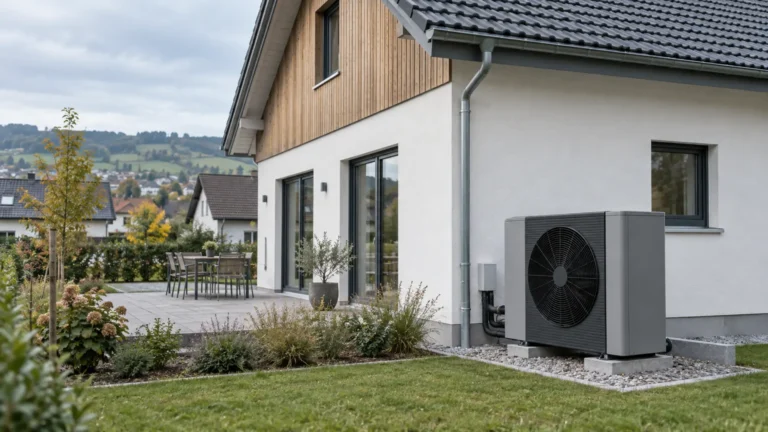 Luft-Wasser-Wärmepumpe neben einem Schweizer Einfamilienhaus