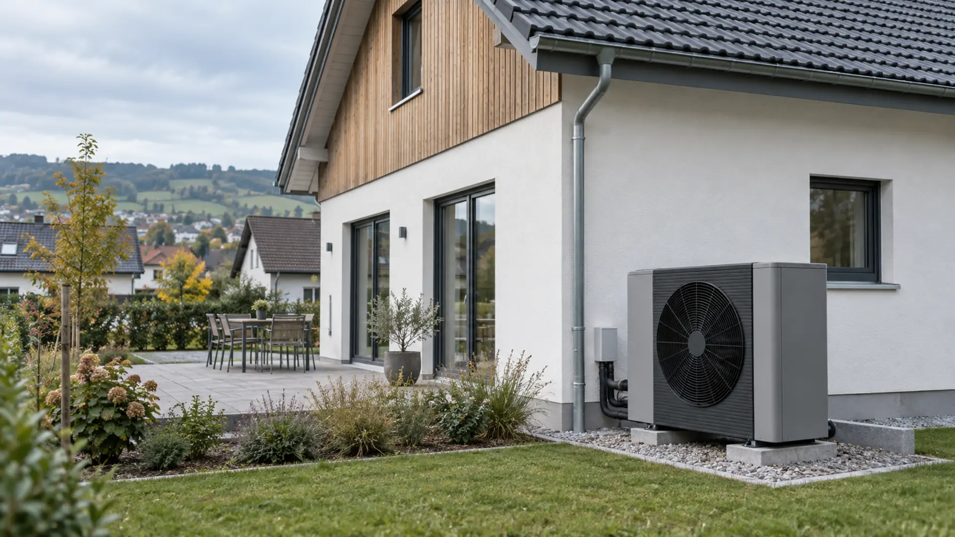 Luft-Wasser-Wärmepumpe neben einem Schweizer Einfamilienhaus