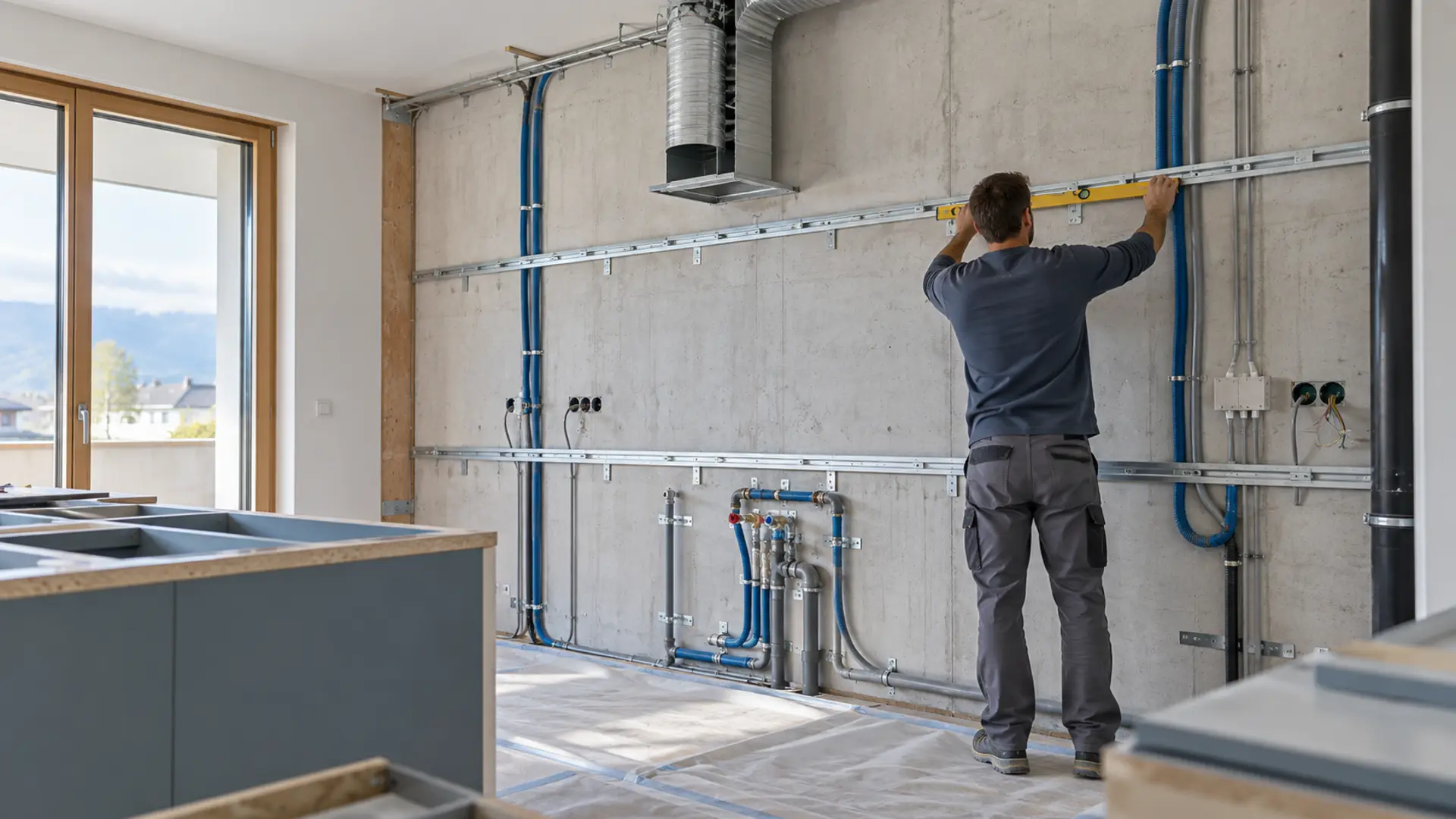 Elektro-, Wasser- und Abluftinstallationen während eines Küchenumbaus in der Schweiz