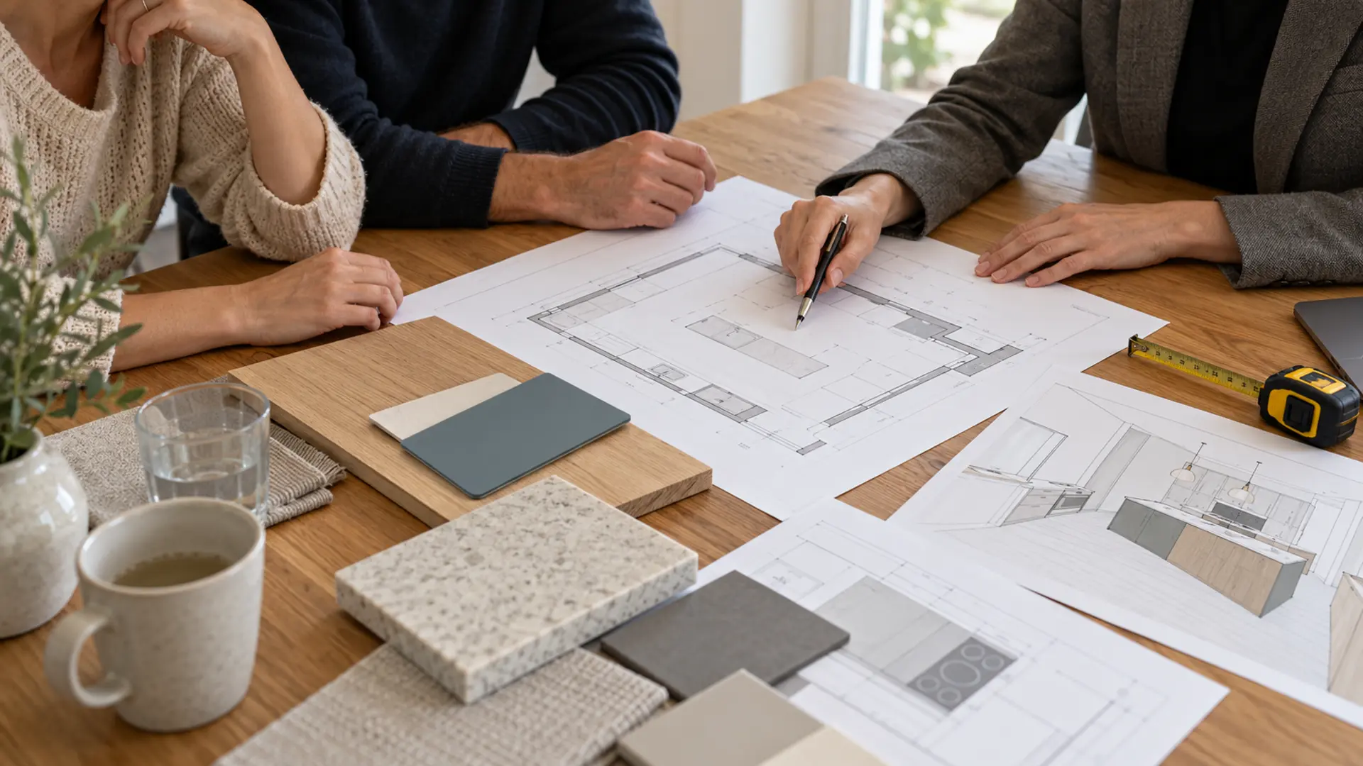 Planung eines Küchenumbaus mit Grundriss und Materialmustern in der Schweiz