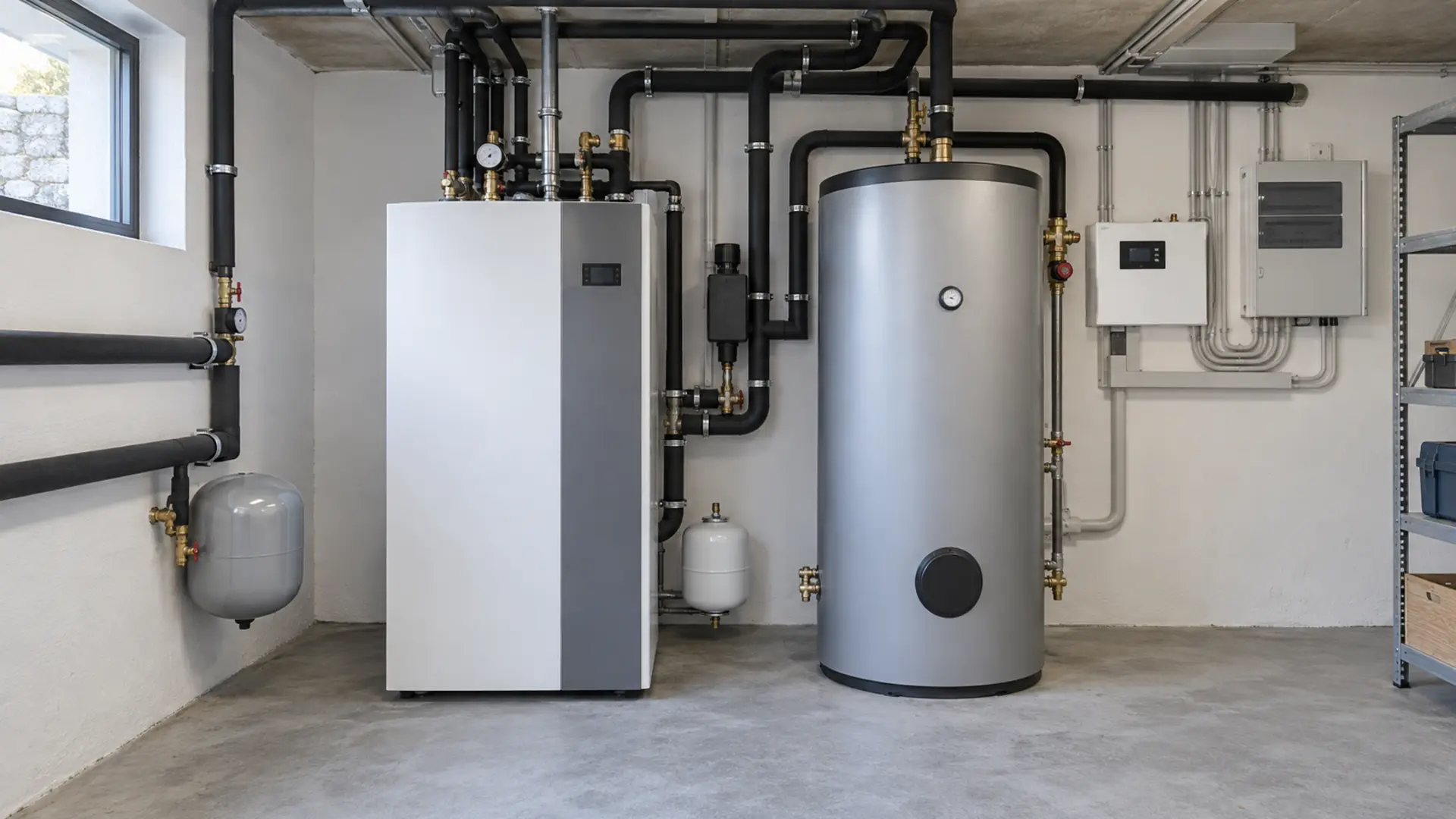 Technikraum mit Wärmepumpe und Warmwasserspeicher nach einer Heizungssanierung