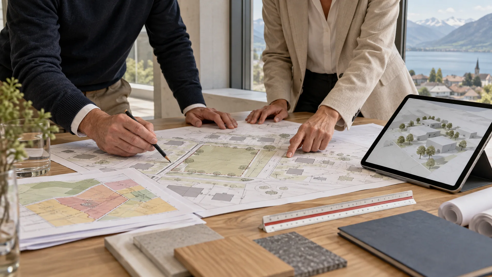 Architekt und Eigentümer prüfen Pläne und Bebauungspotenzial eines Schweizer Grundstücks