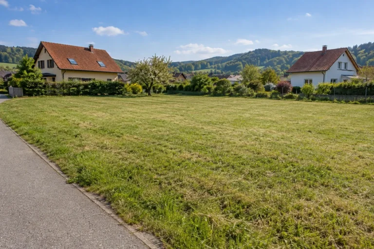 Unbebautes Bauland zwischen zwei Einfamilienhäusern in einer Schweizer Gemeinde